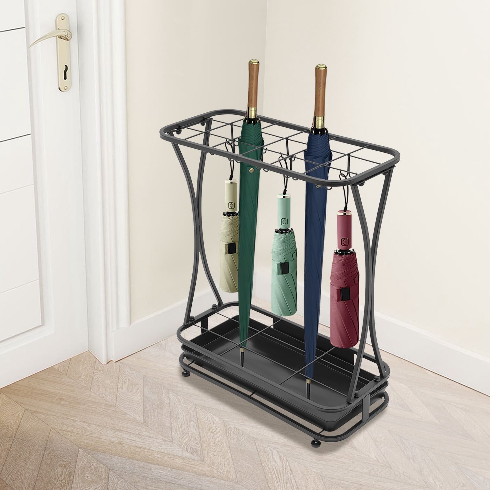 Patio Umbrella Holder Stand Outdoor Portable, Safe Indoor Umbrella Stand Rack with 18 Slots 20 Hooks, Sturdy Freestanding Parasol Umbrella Organizer for Home, Office, Entryway for Automated Umbrella