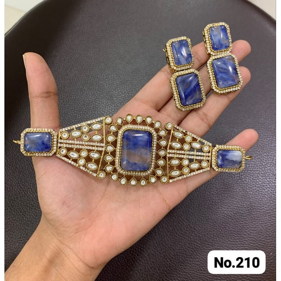 Gold Plated AD CZ Real Stone Choker Necklace Set For Women Party Wear