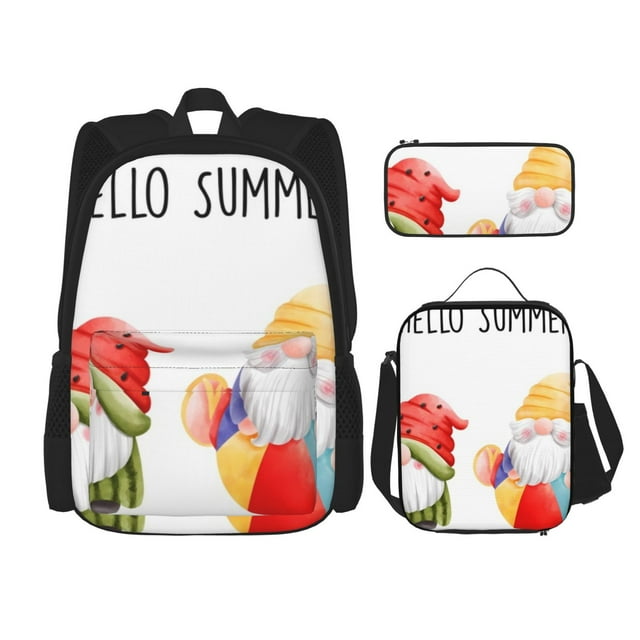 Sikiie Summer Gnome Print Backpack Lunch Bag Pencil Case Set, Durable Backpack Combination Three-piece Set Suitable for Campus, Office, Unisex