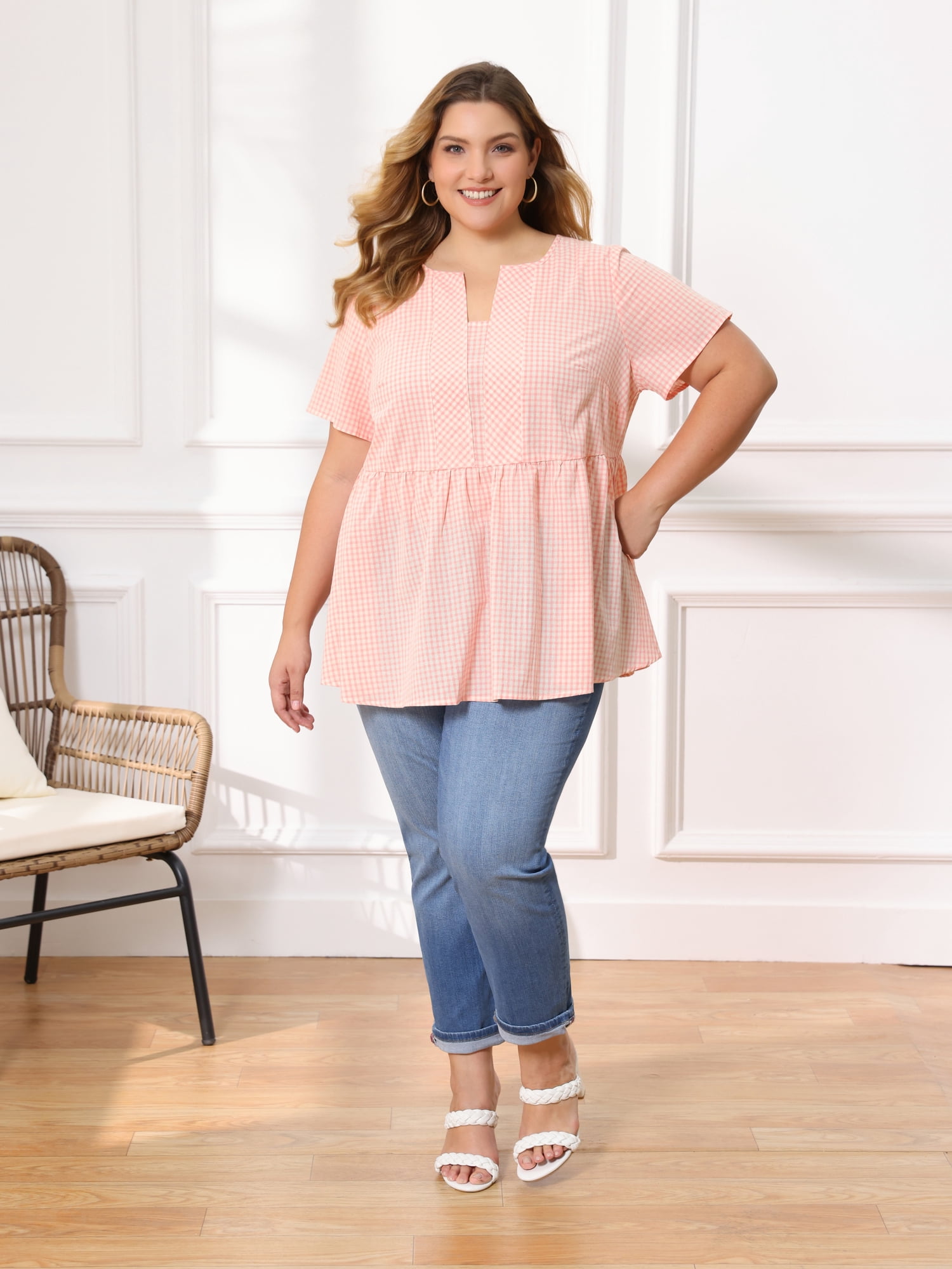 DARING DIVA Women's Plus Gingham Tops Plaid Notch Neck Blouse 3X Light Pink