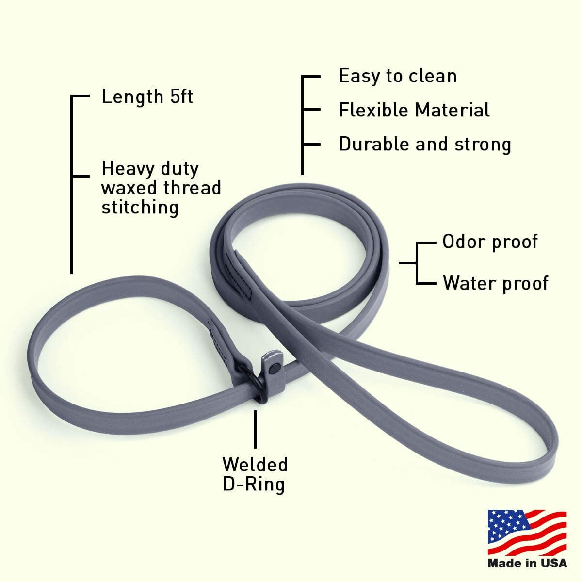 Dogline  - Biothane Slip Dog Leash - for Small, Medium and Large Dogs - Odor Free Slip Lead, Heavy Duty and Durable Material Kennel Lead (Gray: Width 5/8" | L: 60"(5ft))