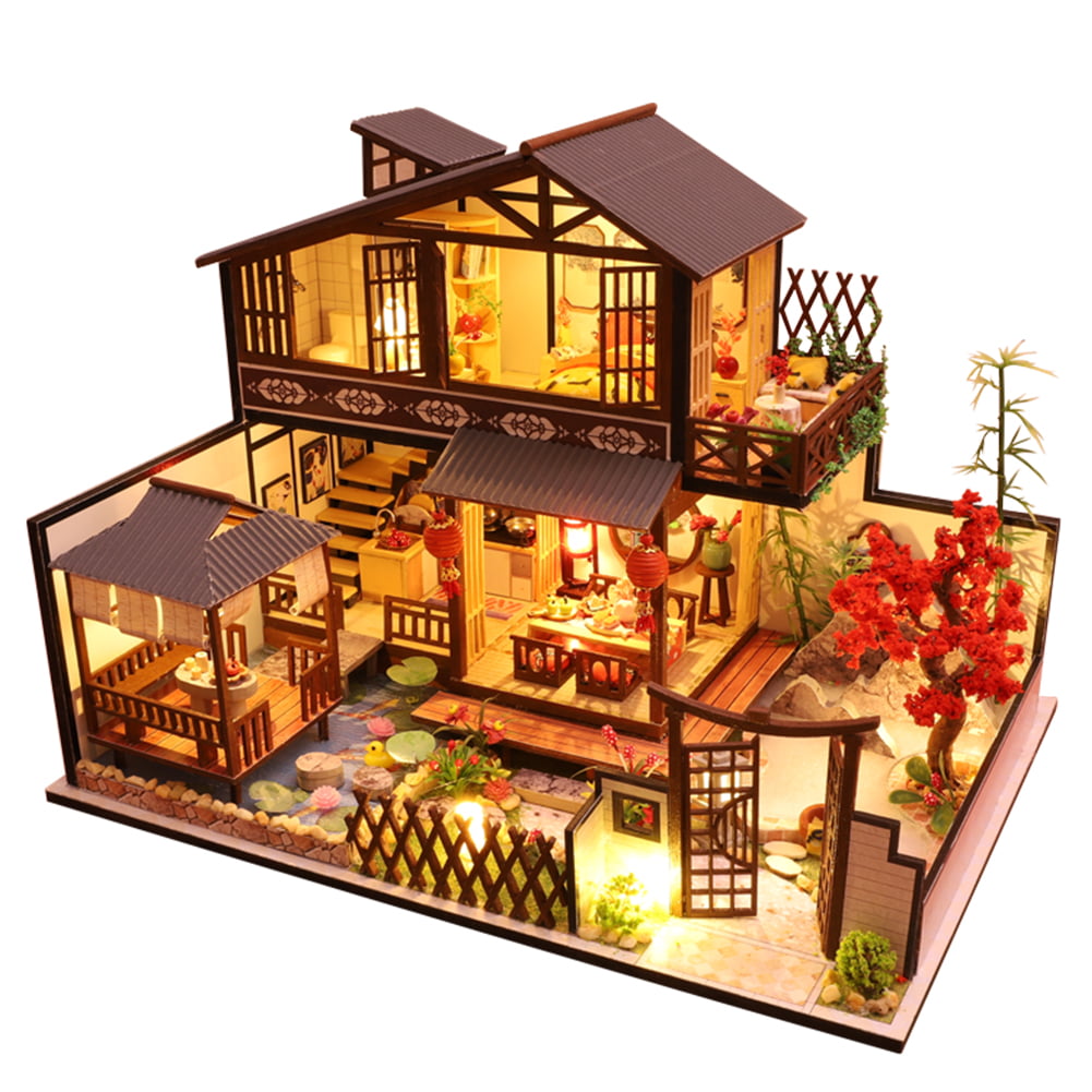 DIY Wooden Miniature Dollhouse Toy Model Kits W Furniture Cabin Assembling House 