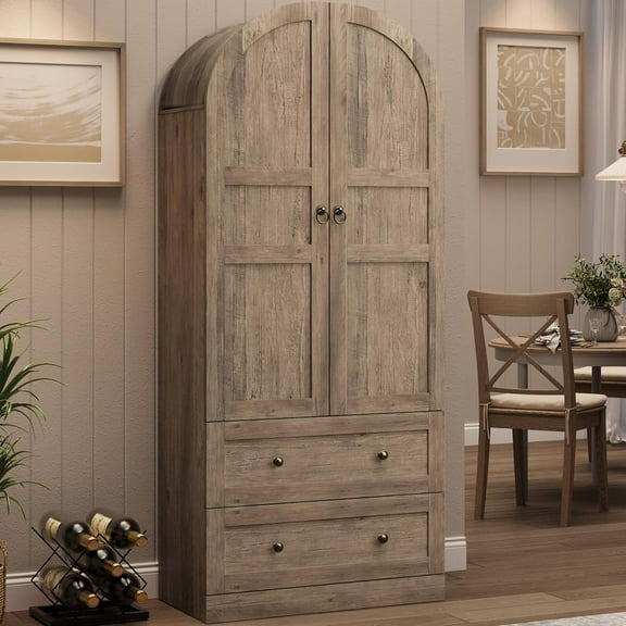 Huisuilinss 72" Tall Arched Cabinet, 4-Tier Arched Kitchen Pantry with Doors & 2 Drawers, Modern Display Storage Cabinets,Wooden Pantry Cabinet for Living Room, Dining Room