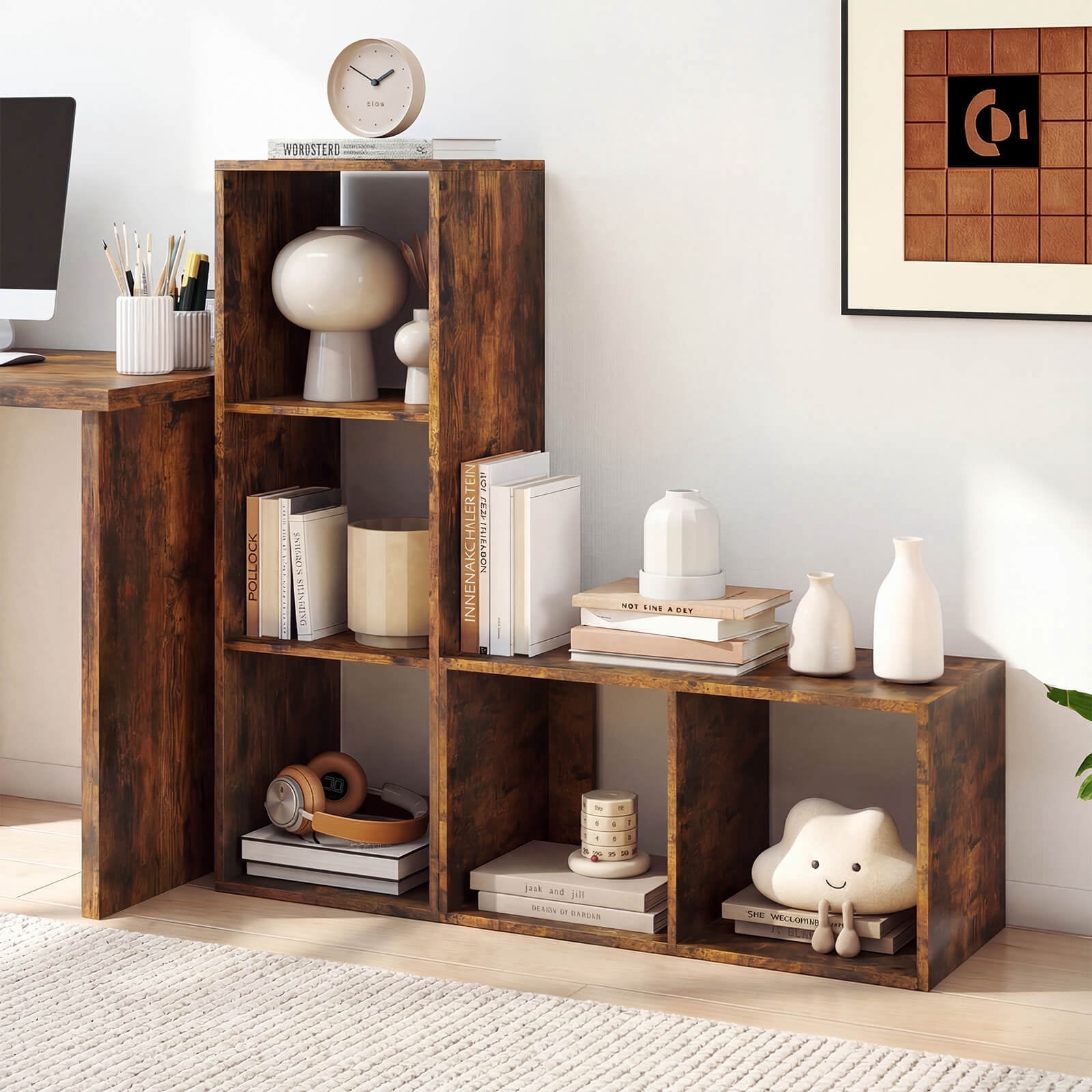 Costway 3-Cube Bookshelf,Modern Vertical Bookcase with Back Guardrail & Anti-tipping Kits Coffee