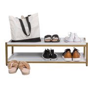 Industrial Compact 10.75” 6-Pair 2-Tier Iron High End Table & Shoe Rack Two-Tone Brown for Entryway Hallway Closet Doorway Bedroom