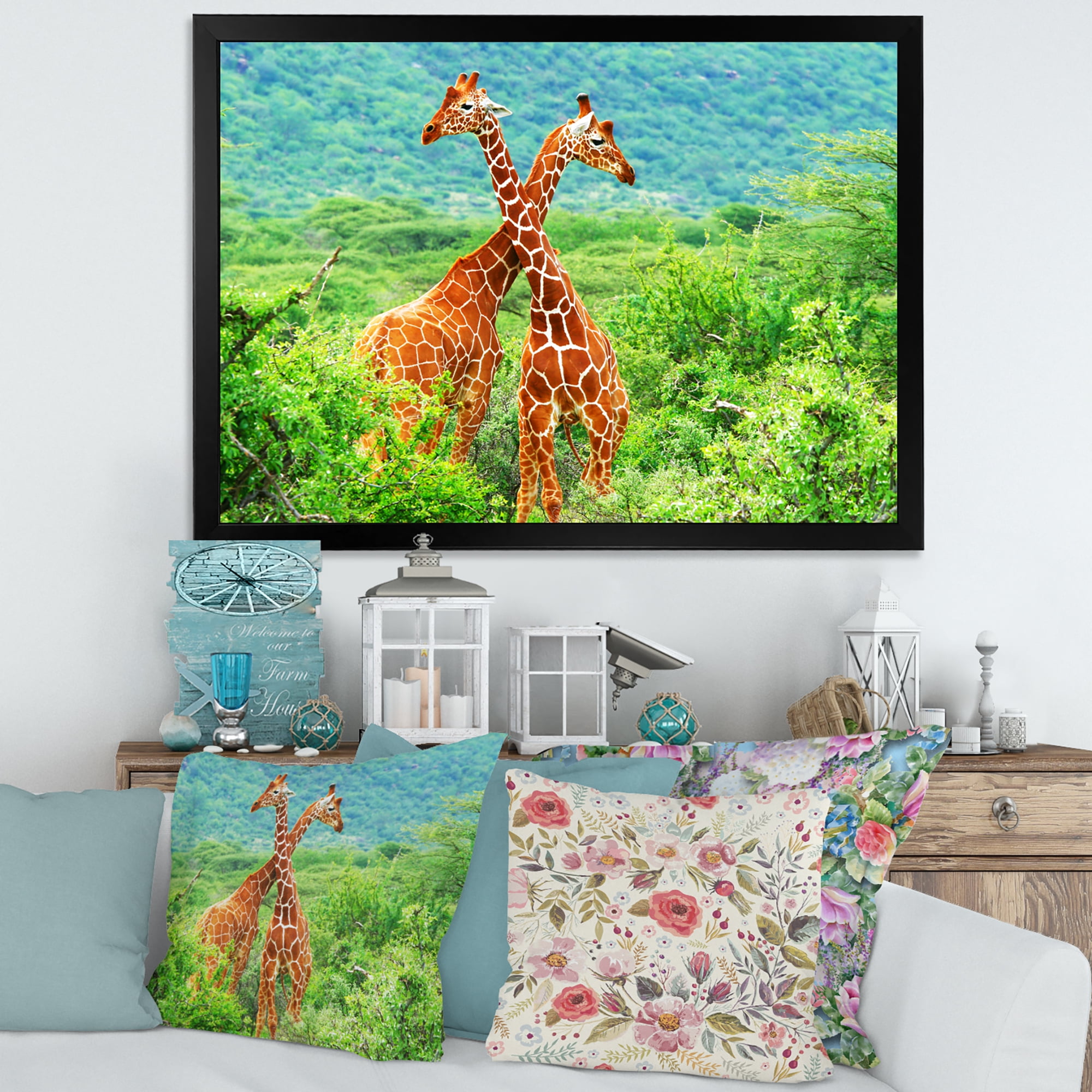 Designart 'Two Giraffes Fighting In Lush Green Wild' Farmhouse Framed Art Print