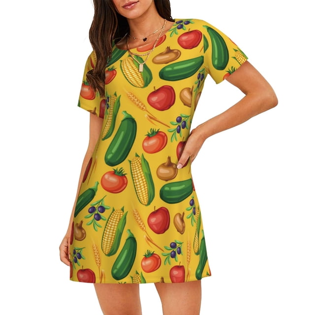 Balery Colorful Vegetables Camisón de manga corta con cuello redondo para mujer, cómodo y elegante.