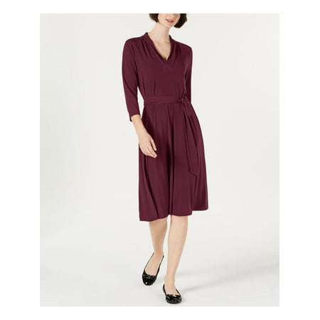 CHARTER CLUB Womens Burgundy 3/4 Sleeve Knee Length Trapeze Dress Petites PL