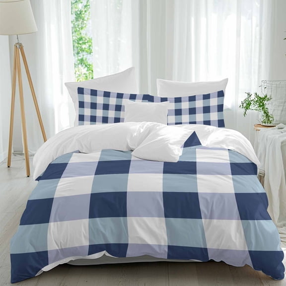 3 Piece Navy Blue Plaid Duvet Cover Set Full Size, Microfiber Comforter/Quilt Cover with Corner Ties and 2 Pillowcases, Spring Farmhouse Buffalo Checkered All Season Soft Bedding with Zipper Closure