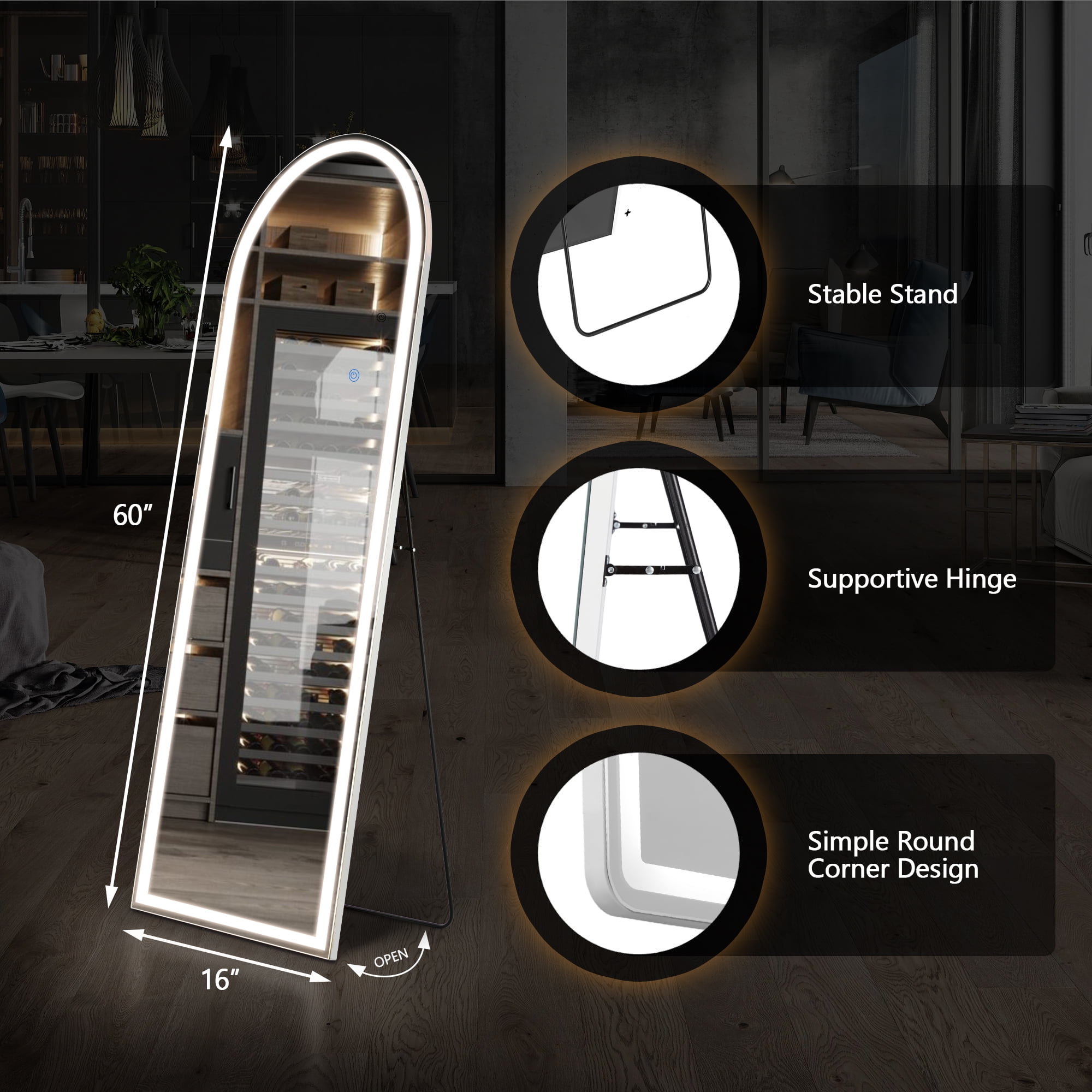 Gianna 60"x16" LED Arched Full Length Mirror with Aluminum Frame Polished Glass for Outdoor Bedroom Living Room