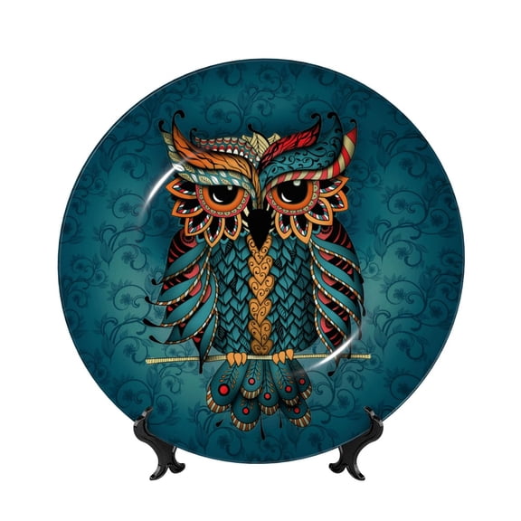 Honeii Owl In Blue Print Elegant Bone China Decorative Plate, Porcelain Plate,Art Crafts,Ceramic Ornaments for Home Office Wall Decor-6in