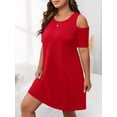 thumbnail image 4 of Red Cold Shoulder Short Sleeve A-Line Plus Size Casual Sundress For Women, 4 of 6