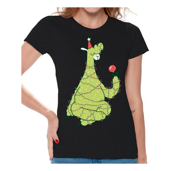 Christmas Tree Llama Women Shirt Xmas Gifts for Her Lama Women's Tee Happy Holidays Merry Xmas T-Shirt