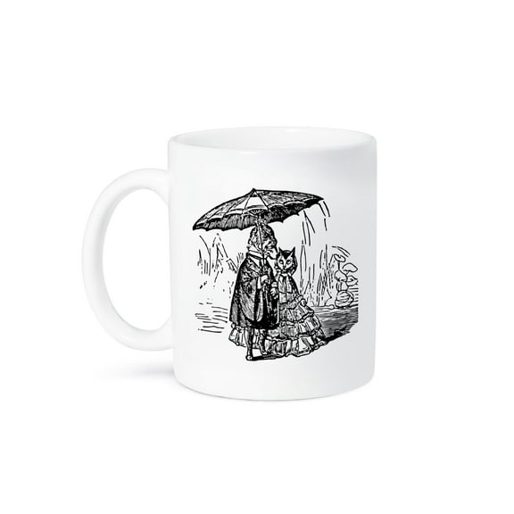 3dRose, Black n White Vintage Dog n Cat Under Umbrella, 11oz Mug