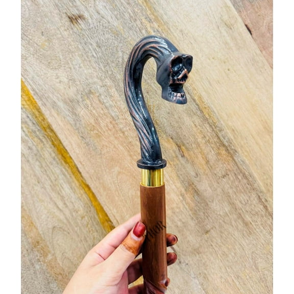 Handmade Solid Brass Skull Snake Head Handle Vintage Antique Wooden Walking Stick Cane Gift (3 Fold Wooden Walking Cane)