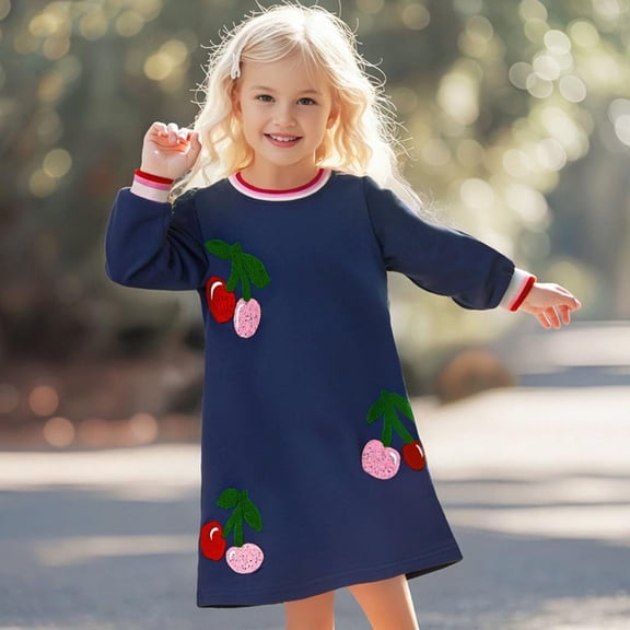 Bxsruta Girls 2-7 Years Long Sleeve Cherry Print Dress Soft Cotton Blend Casual Daily Wear