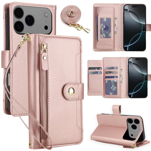 For iPhone 17 Pro Max Crossbody Wallet Phone Case,With Detachable Shoulder Strap Wrist Strap,Card Slots,Zipper Pocket,Flip Foldable Kickstand,Anti-Scratch Shokcproof Phone Case,Rosegold