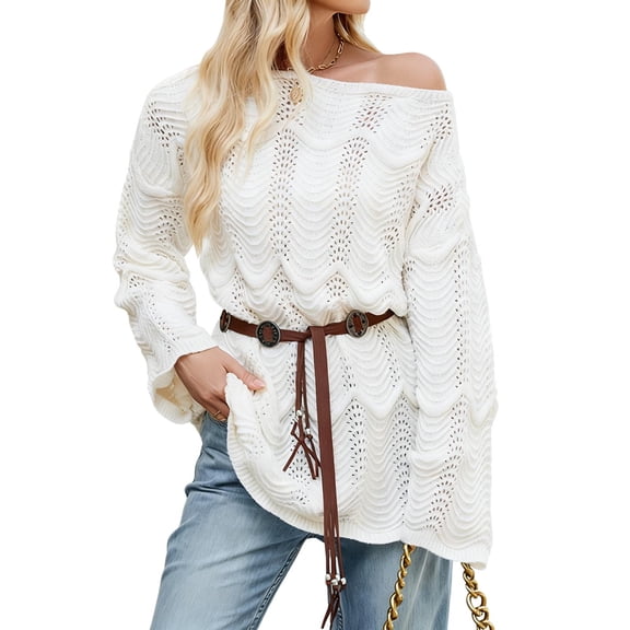 Trendy Long Sweaters for Women with Belt Hollow Out Baggy Knitted Off Shoulder Pullover Going Out Tunic Tops (XL, White)
