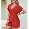 thumbnail image 3 of Women Short Jumpsuit V Neck Short Sleeve Elastic Waist Tie Pure Color Loose Short Jumpsuit for Party Holiday Club Red XL Rawiri, 3 of 6