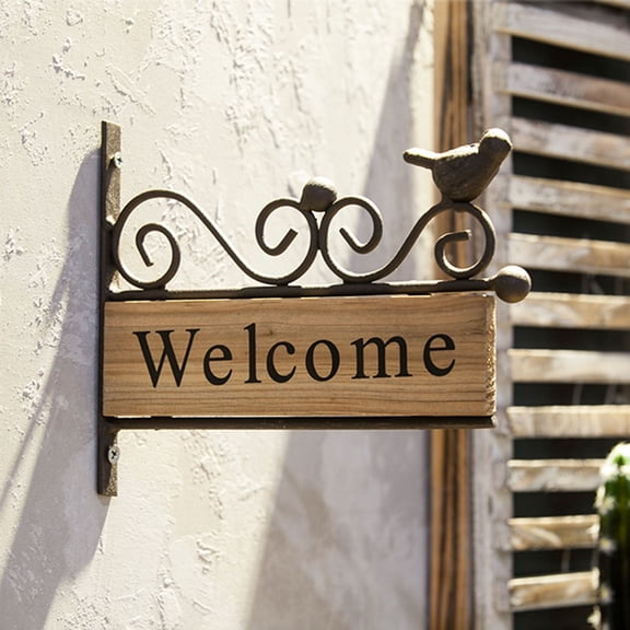 Vintage Style Iron Art Wooden Welcome Doorplate Hanging Pendant for Home Entryway Decoration