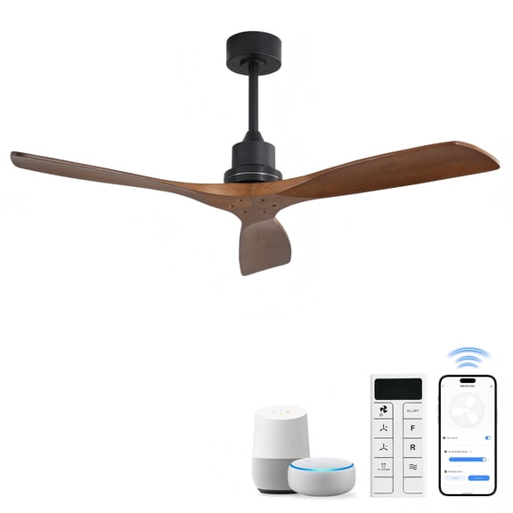 Sofucor 52" Smart Ceiling Fan No Light, 3 Solid Wood Blades, Quiet DC Motor, 6-Speed Remote/APP/Alexa/Google Voice Control, Reversible, 2 Downrods for Bedroom Living Room Farmhouse