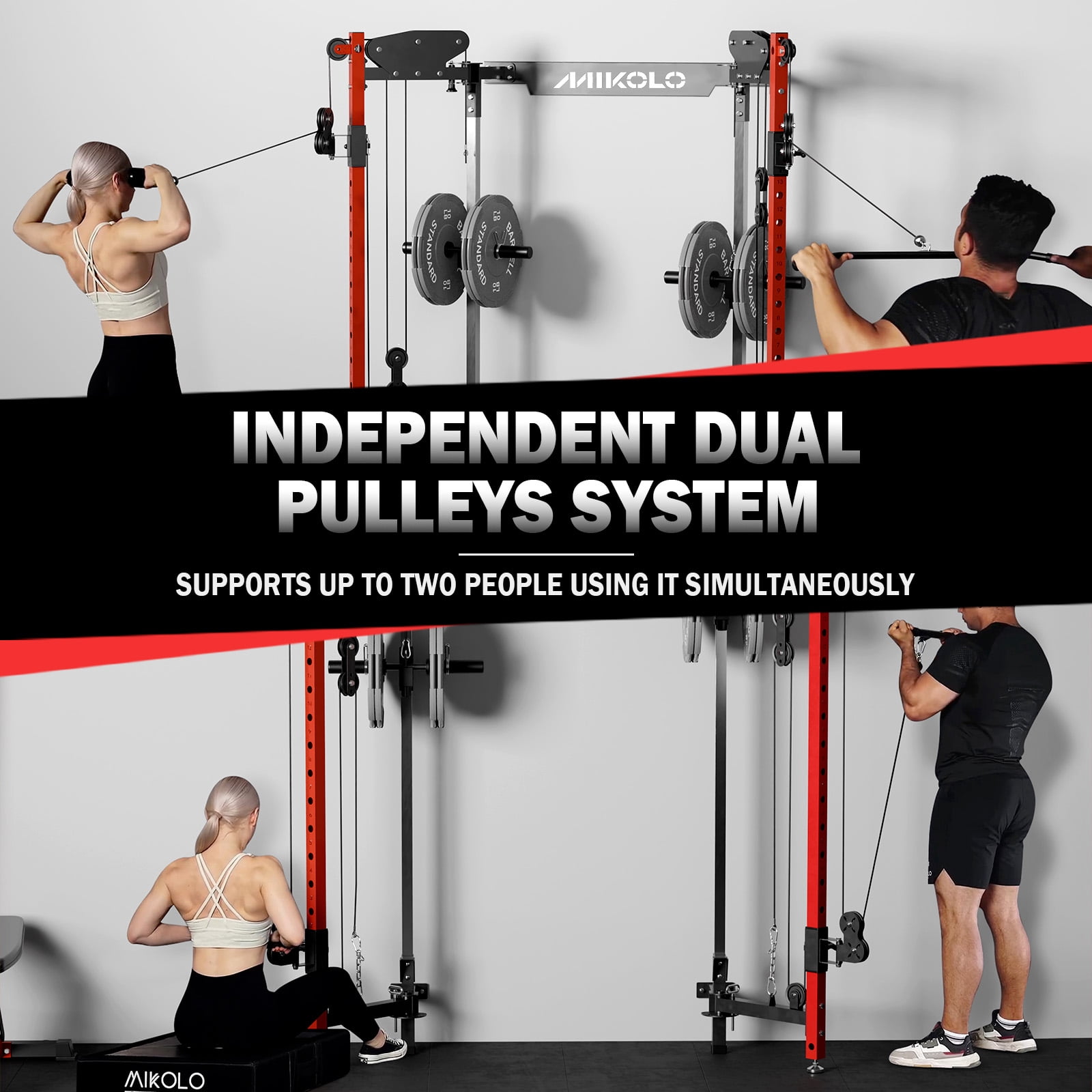 Mikolo Foldable Power Rack Cage,1000lbs Capacity Wall Mounted Squat Rack with independent pulley system, Space Saving Home Gym Equipment with 5 Adjustable Angle
