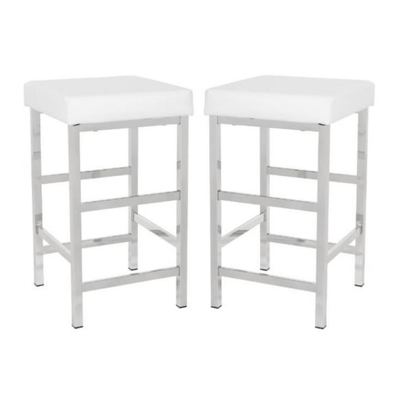 Home Square 26" Backless Stool in White Fabric with Chrome Legs - Set of 2