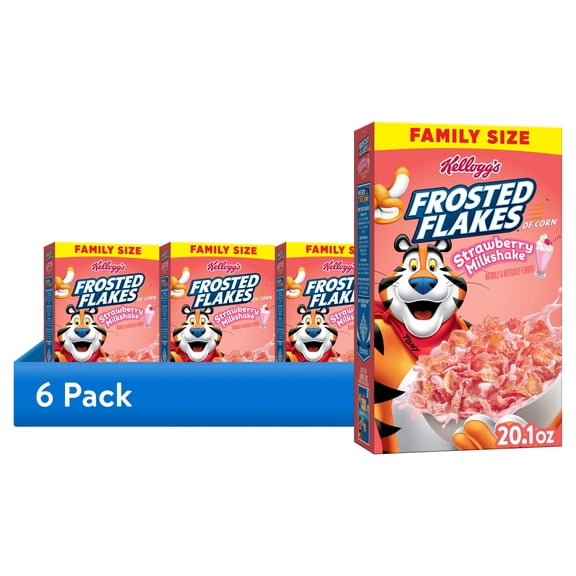(6 pack) Kellogg's Frosted Flakes Strawberry Milkshake Breakfast Cereal, Kids Cereal, Family Size, 20.1 oz