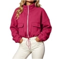 thumbnail image 3 of CBASIHI Womens Cropped Sweatshirts with Pockets- Casual Trendy Loose Fit Fall Stand Collar Zip Up Jackets Hot Pink Size M, 3 of 9
