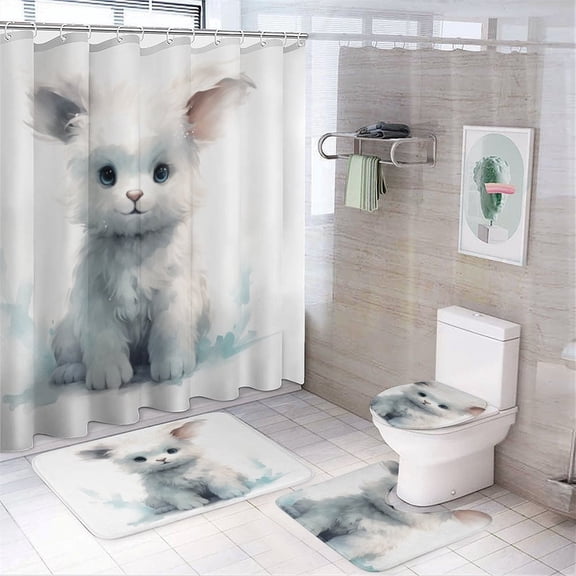 4 Piece Shower Curtain Sets Non-Slip Rugs And Toilet Mat Lid Rug Accessories White Cute Animal Waterproof Fabric Bath Curtain Farmhouse Welcome Easter Holiday for Bathroom Decor Set