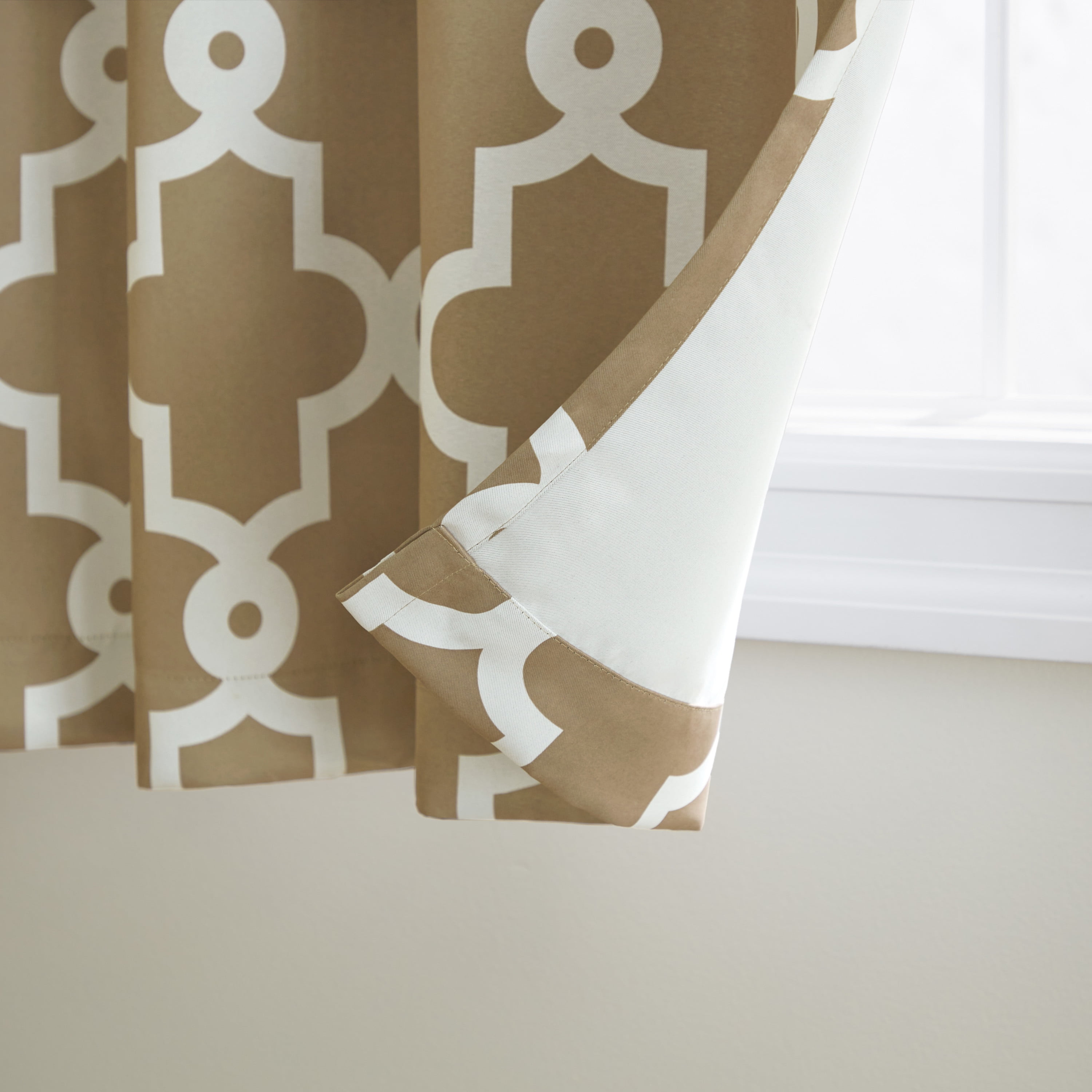TOWN & COUNTRY EVERYDAY Ironwork Geo Trellis Sateen Indoor Curtains, Room Darkening Blackout, Grommet Top, Energy Efficient, 2-Pack Set, 52"x96", Taupe