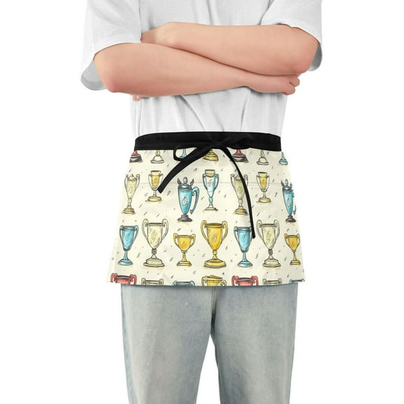 Server Apron with 3 Pockets Waterproof Waitress Waist Short Apron for Man Woman Cartoon Trophies 12 Inches