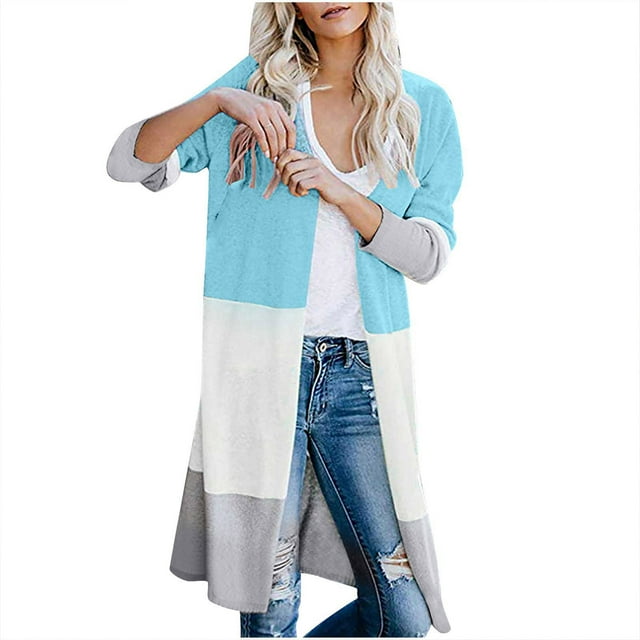 Cardigans Longs pour Femmes Légers Cardigan à Panneaux à Rayures Contrastantes avec Poches Veste Longue
