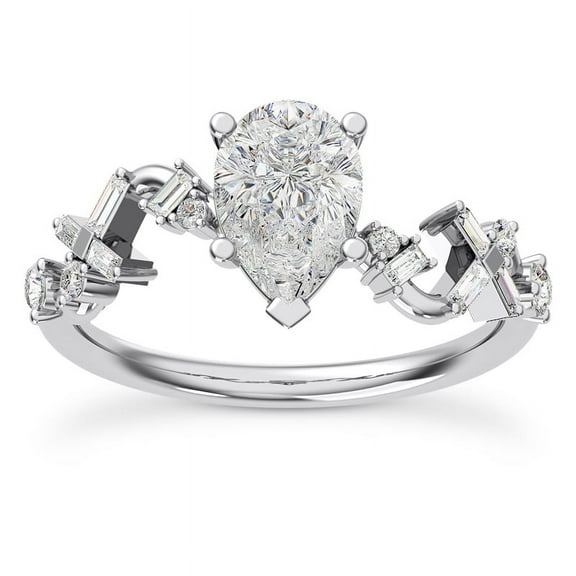 Veda Jewelry 1.58 Ct Pear Cut Moissanite Ring for Women - Moissanite Winding Engagement Ring - Baguette and Round Cut Stones - 14K White Gold Plated Ring - Wedding or Engagement Jewelry for Her
