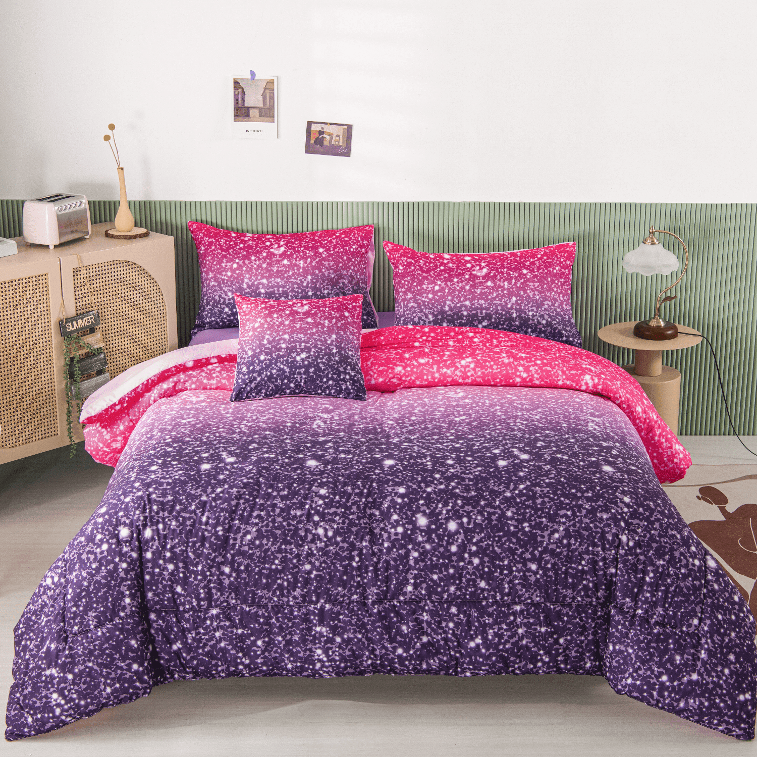 PERFEMET 6 Pieces Pink Purple Full Size Comforter Set Glitter Star Ombre Galaxy Printed Bedding Set Soft Microfiber Bed in a Bag for Kids Teens Girls (Purple,Full)