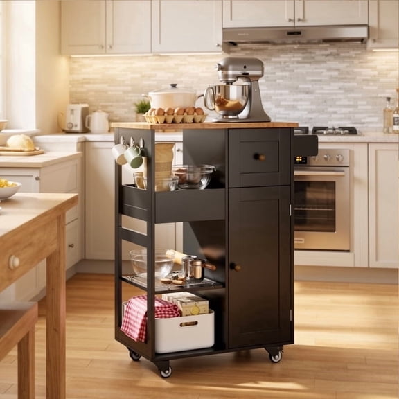 Aiho 17.7" x 33" Kitchen Island Cart with Storage,Rolling Kitchen Island Side Table on Wheels with Worktop,Spice Rack ,Adjustable Shelves and Drawer for Kitchen,Dining Room - Black