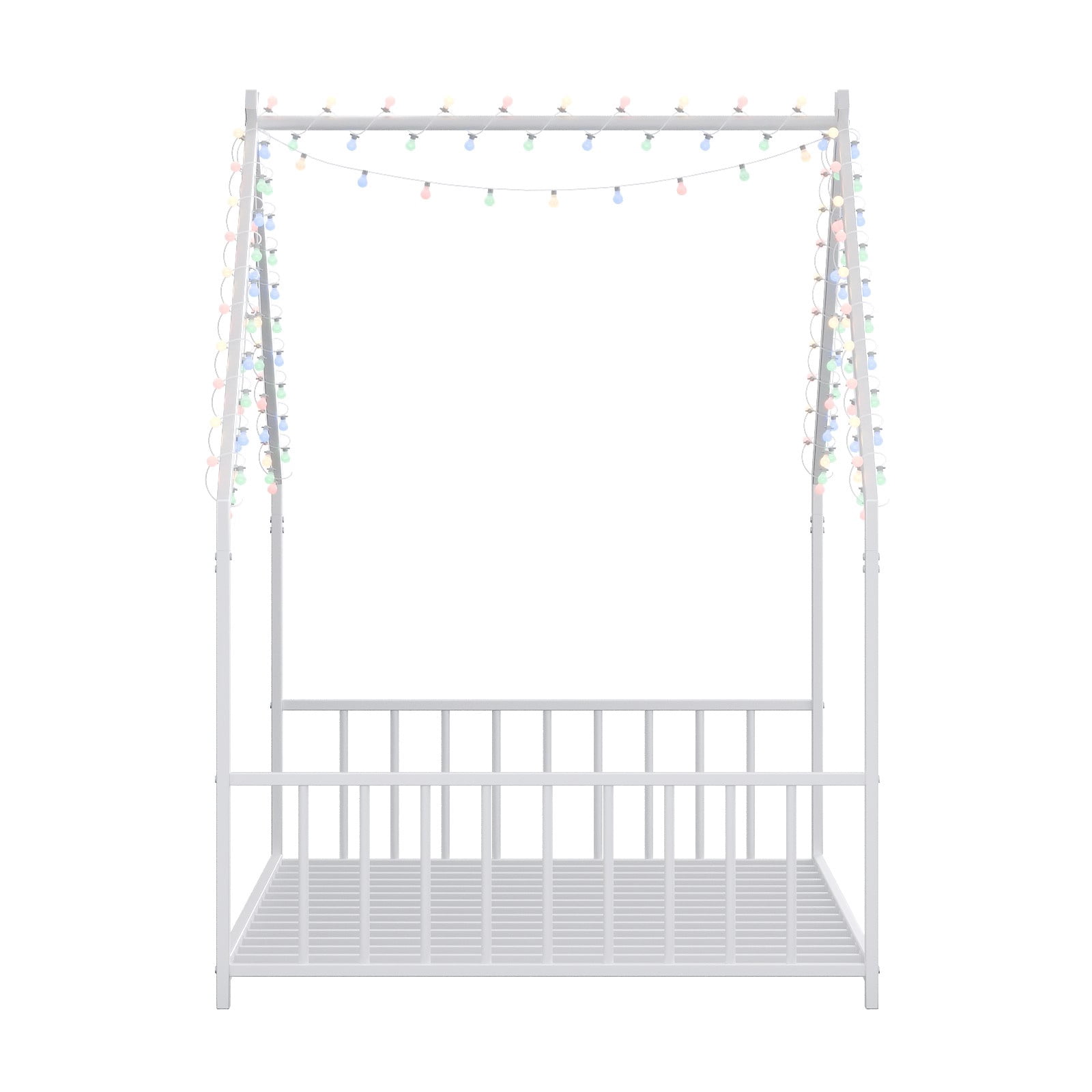 PORKISS Twin Size Floor Bed, Metal Toddler Bed with LED Light Strips, Slat, Fence, No Box Spring Needed, Montessori Bed, Full House Bed Frame for Kids, Boys, Girls, White