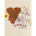 thumbnail image 2 of Bslissey Baby Girls 3Pcs Summer Outfits Short Sleeve Letter Print Romper + Flower Belted Shorts + Headband 3M 6M 12M 18M Newborn Infant Cute Short Pants Sets, 2 of 9