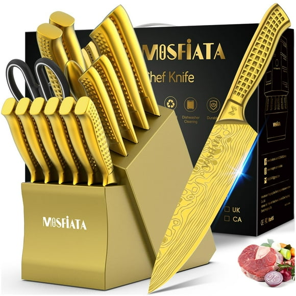 MOSFiATA Kitchen Knife Set, 17 Pcs Japanese Stainless Steel Knife Sets for Kitchen with Block with Knife Sharpening Rod, Dishwasher Safe, Gift Set,Titanium Plated Knife B