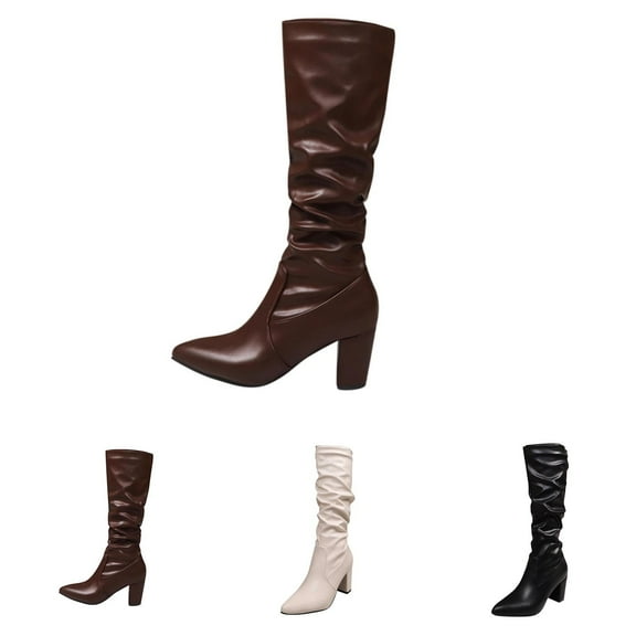 ATENAR Boots for Women,Women Knee High Boots,Square Heel,Slip-Resistant,PU,Brown,35(US:5)