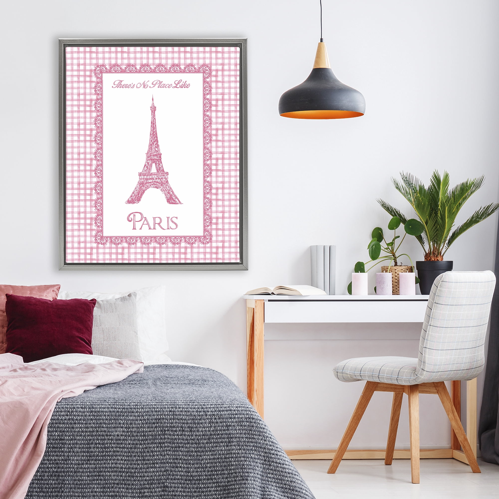 Stupell Industries No Place Like Paris Pink Lace Gray Framed Floater Canvas Wall Art, design by Conrad Knutsen