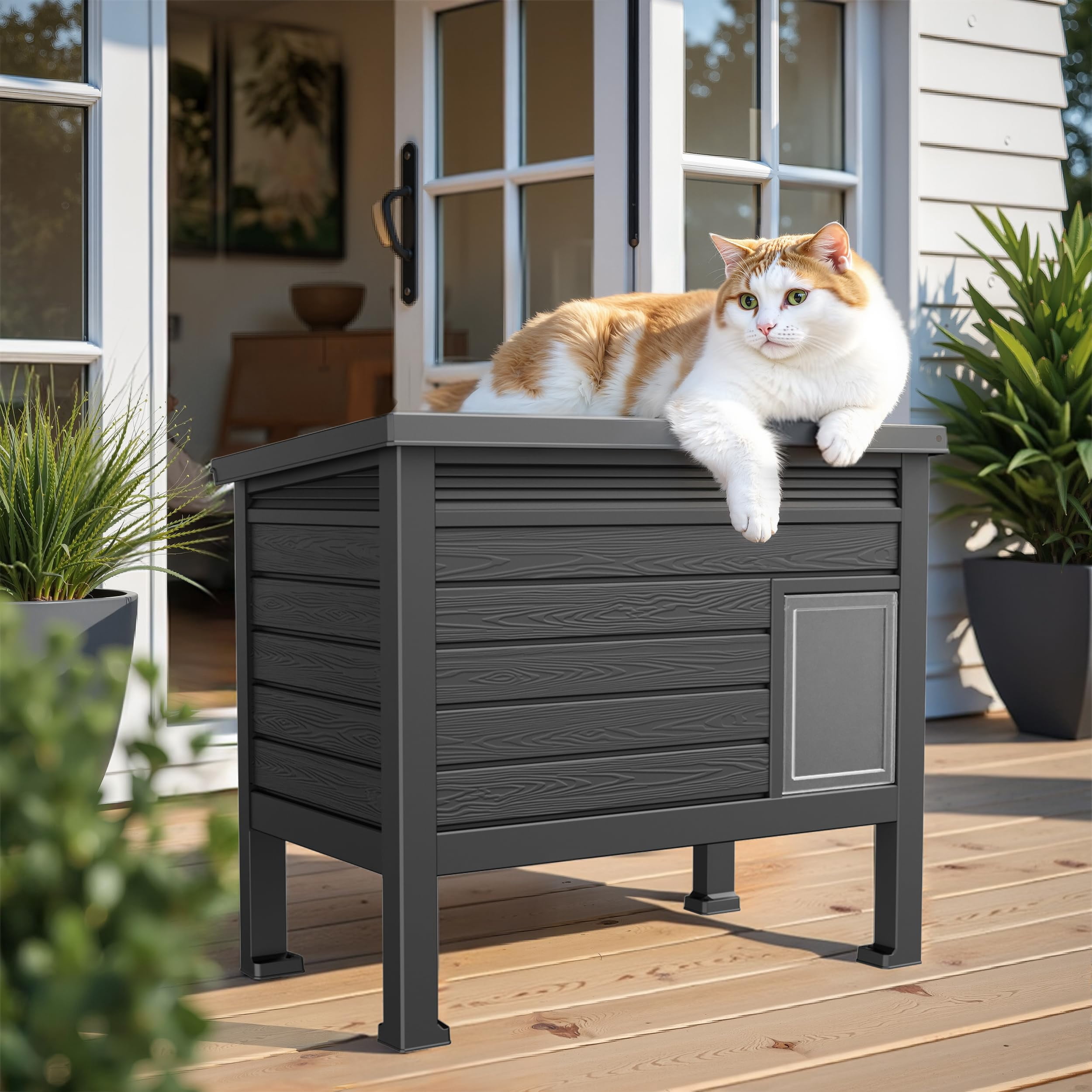 Outdoor Cat House, Weatherproof Feral Cat Shelter with Raised Floor, Warm, PP Material, Outdoor Feral Cat House for Cats and Small Animals, with Door, Easy to Assemble (Black, Large)