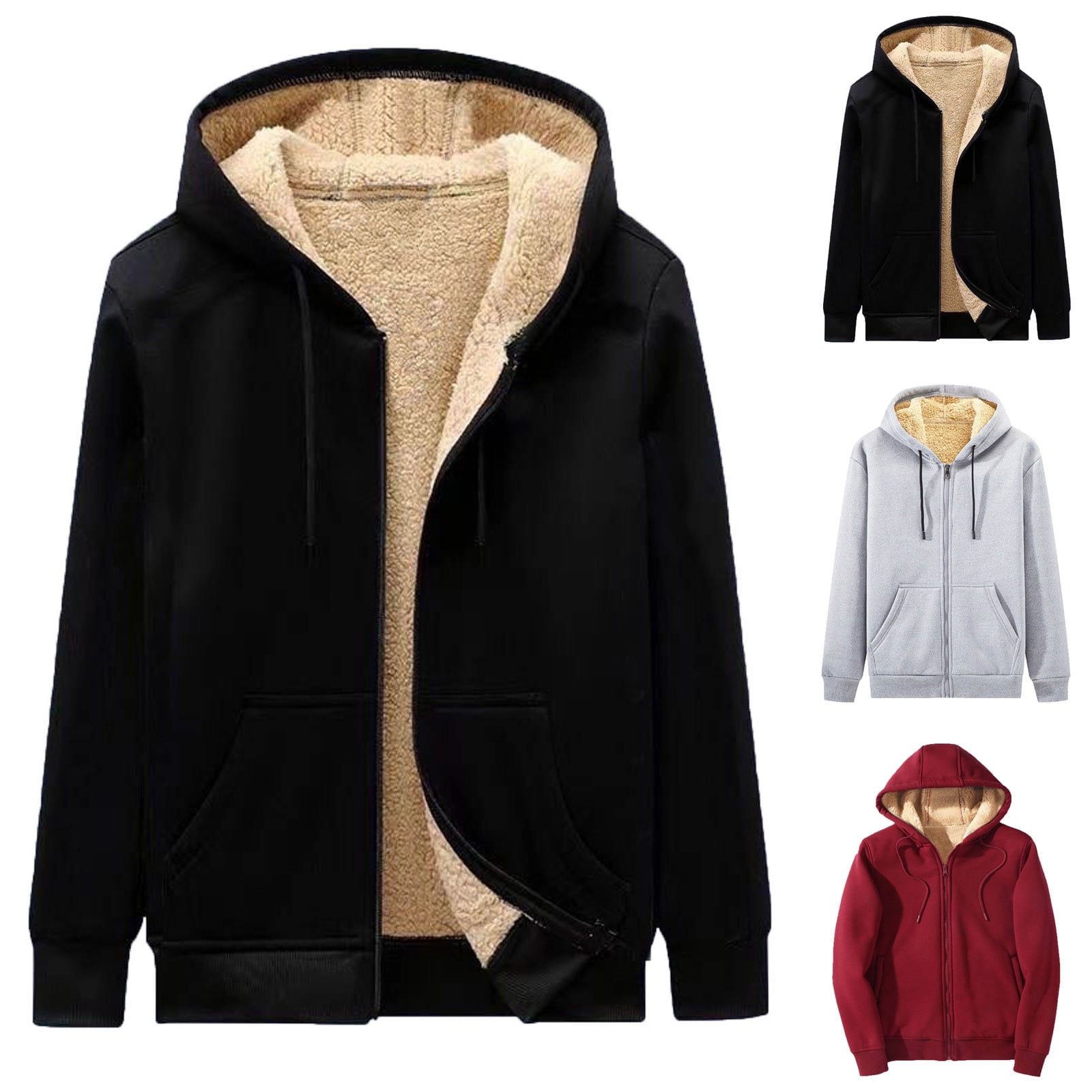 CCRFTGI Grey Jacket Men Heavyweight Thick Sherpa Lined Jacket Warm Soft Zipper Sweatshirt Long Sleeve Hooded Coat with Pockets Gray XL