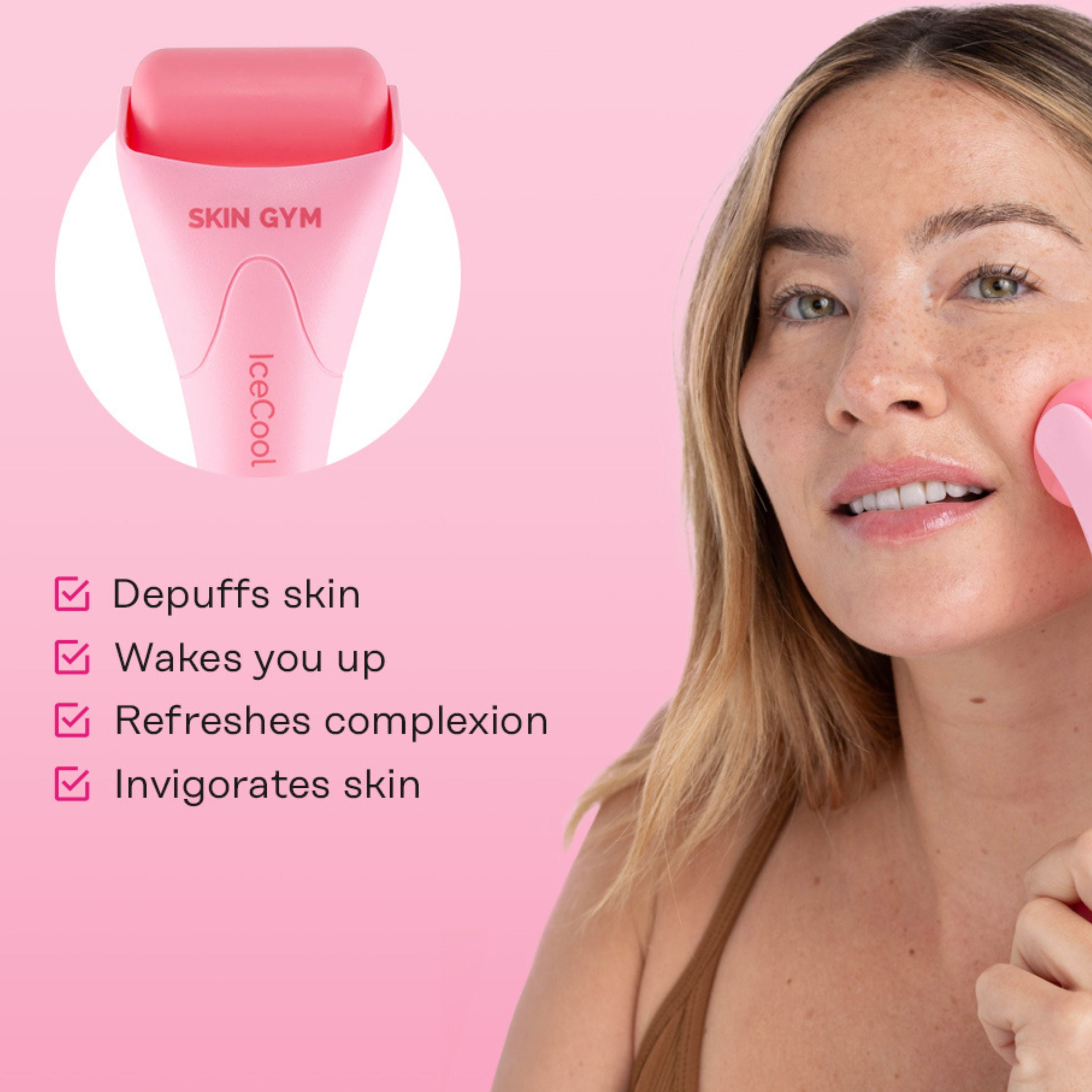 Skin Gym Pink Cool CryoGel Ice Roller for De-puffing and Soothing Skin, Reduces Redness and Calms Irritation with Cryo-Therapy and Facial Massage