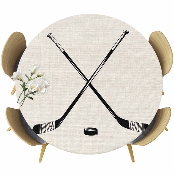 Beige Round Tablecloth, Fitted Table Cover with Elastic for 55"-60" Round Tables, Simple Gradient Ice Hockey Funny Sport Game Art Table Cloth Outdoor Indoor Dinning Party Waterproof Tablecloths