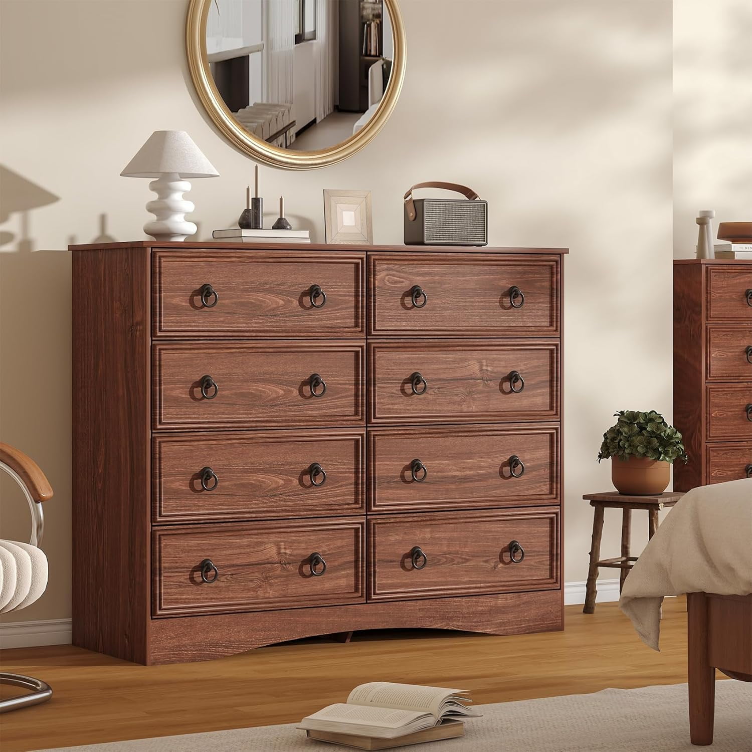 Frmobepts 8 Drawer Double Dresser for Bedroom, 47.2" Wide Dressers & Chests of Drawers with Large Capacity Storage, Dresser for Bedroom,Cherry
