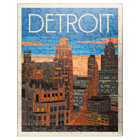 MyPuzzle - Detroit, MI: Skyline, Vintage Poster - Premium 100 Piece Jigsaw Puzzle for Adults