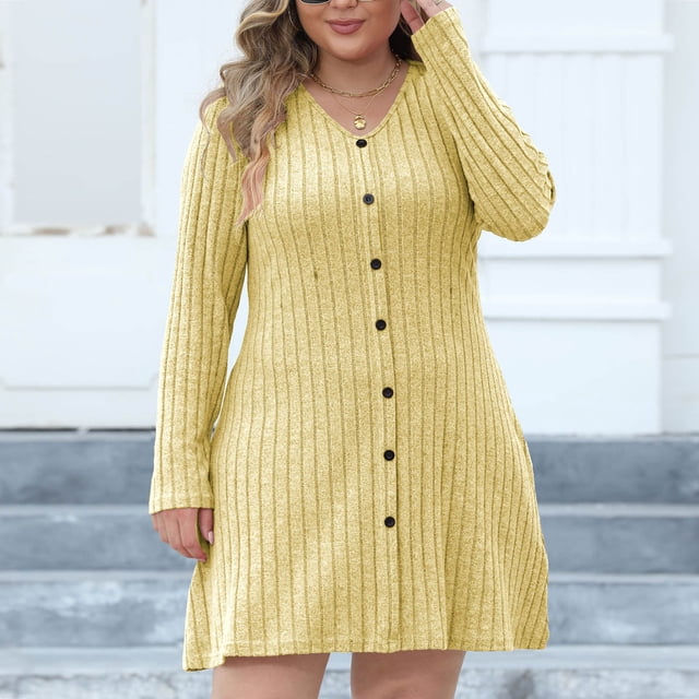 TIMIFIS Robe Chandail pour Femme Automne Hiver Décontractée Unie à Manches Longues V Neck Ajustée Trapèze Mini Robe Chandail