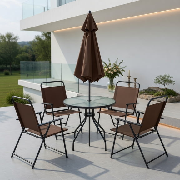 Yardi Yard 6-Piece Patio Dining Set with Tilt Umbrella, 4 Folding Chairs with Rustproof Steel Frame and A Glass Table, Patio Dining Set for Outdoor as Garden, Patio, Coffee