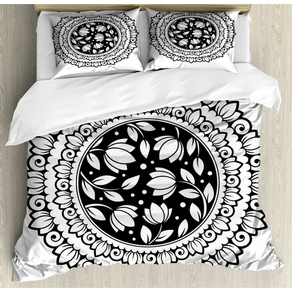 Floral Duvet Cover Set King Size, Pattern of Round Intricate Flourishes Tulips Flowers and Polka Dots, Decorative 3 Piece Bedding Set with 2 Pillow Shams, Charcoal Grey and White, by Ambesonne